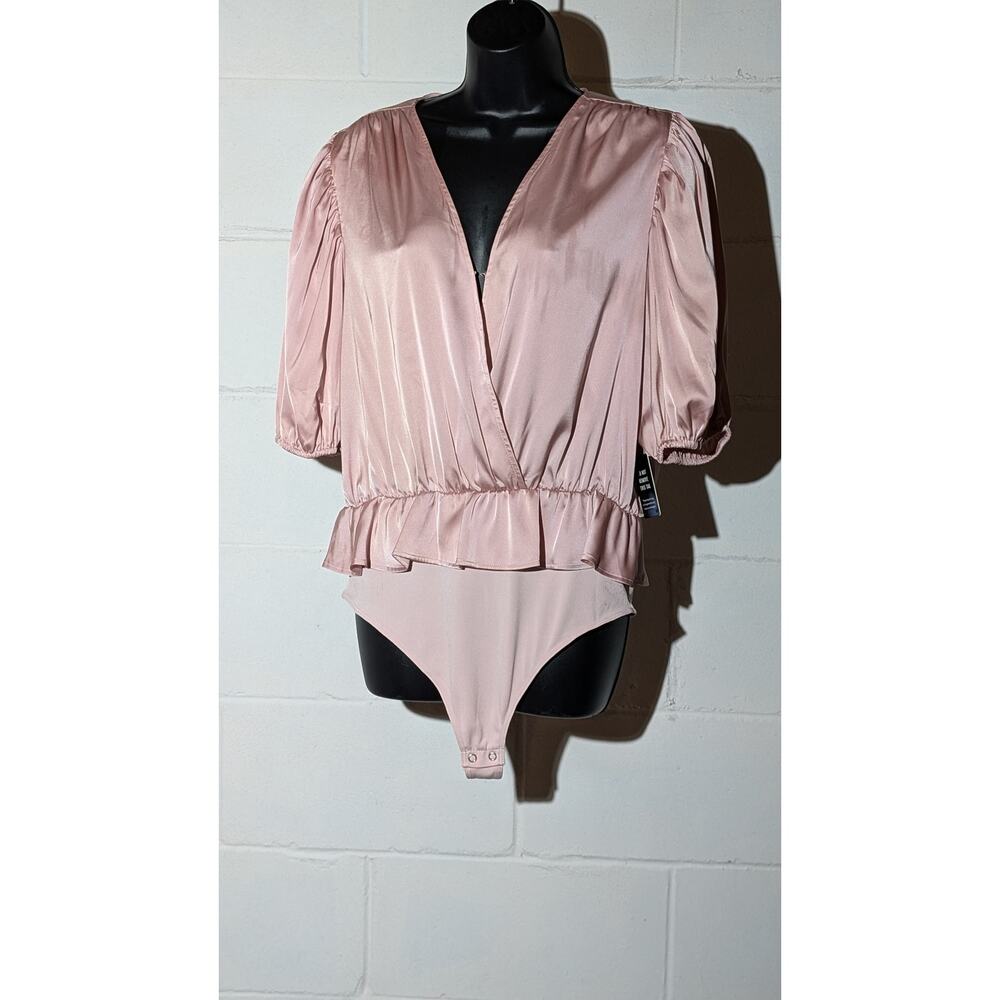 NWT EXPRESS Satin Bodysuit Top Ruffle Short Sleeve V Neck Wrap Blouse Large